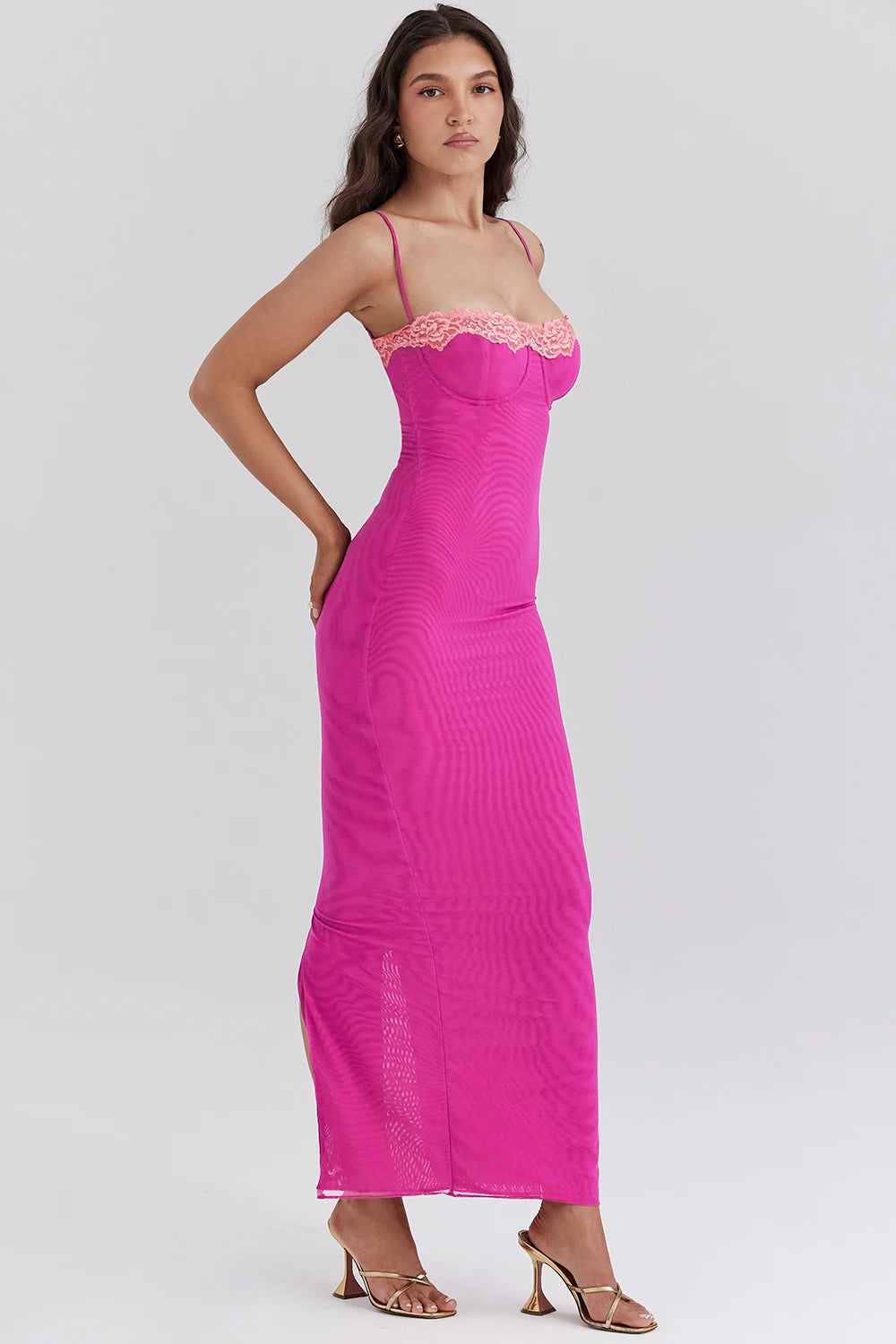Articat Sexy Lace Patchwork Backless Slim Women Dress Spaghetti Srap Double Layer Bodycon Midi Female Elegant Party Clubwear