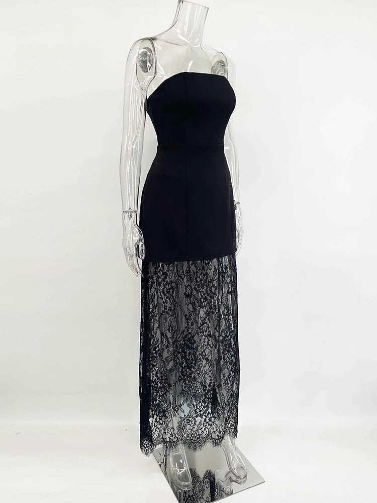 Tornova Strapless Lace Dress Sets Female Elegant Sexy Strap Vest High Waist Splice Long Skirt Ladies Slim Banquet 2 Pieces Set