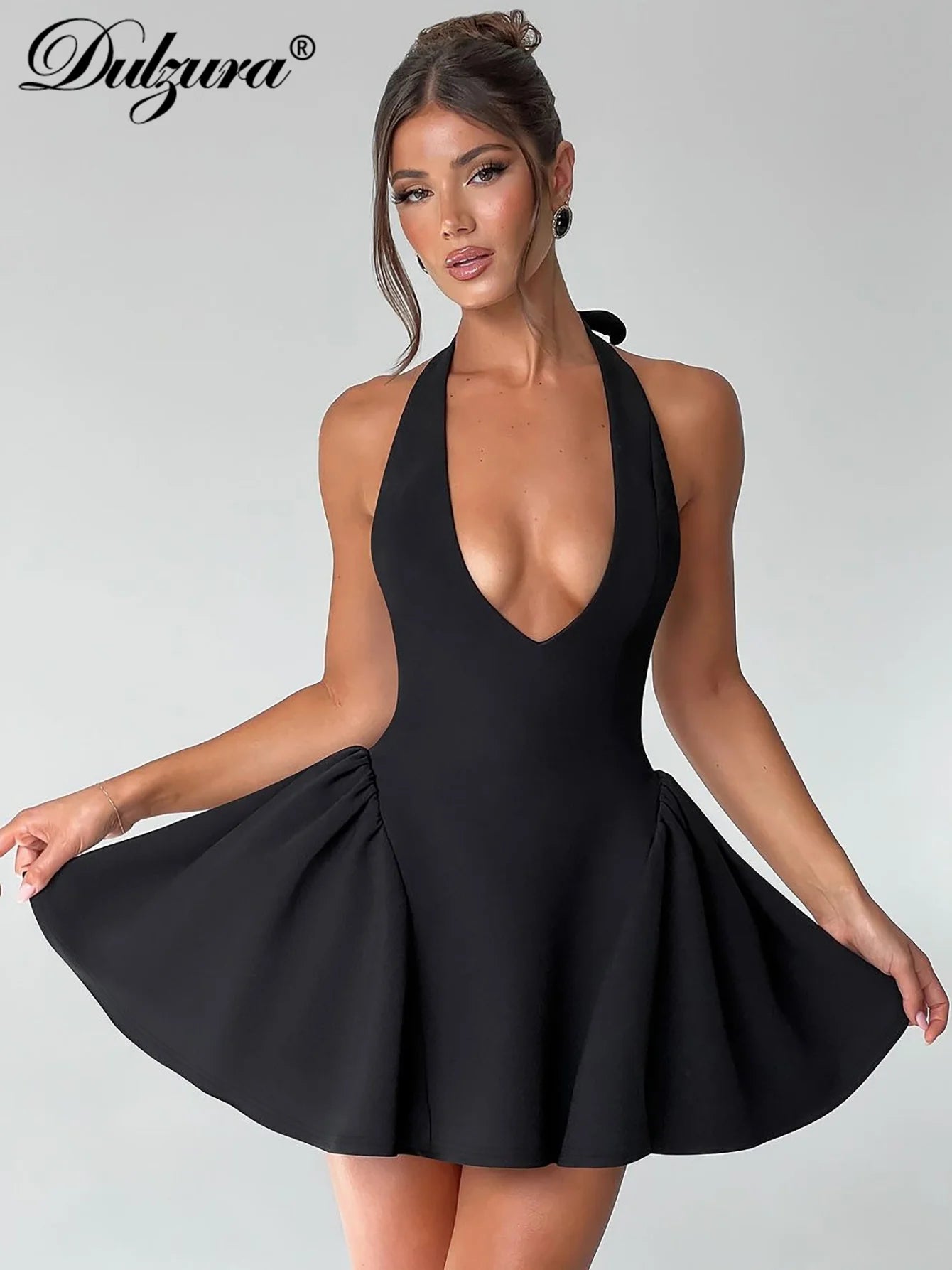 Dulzura Sleeveless Halter Lace Up Mini Dress Women'S Solid Sexy Elegant Prom Dress Evening Party Clubwear Autun Winter Outfit