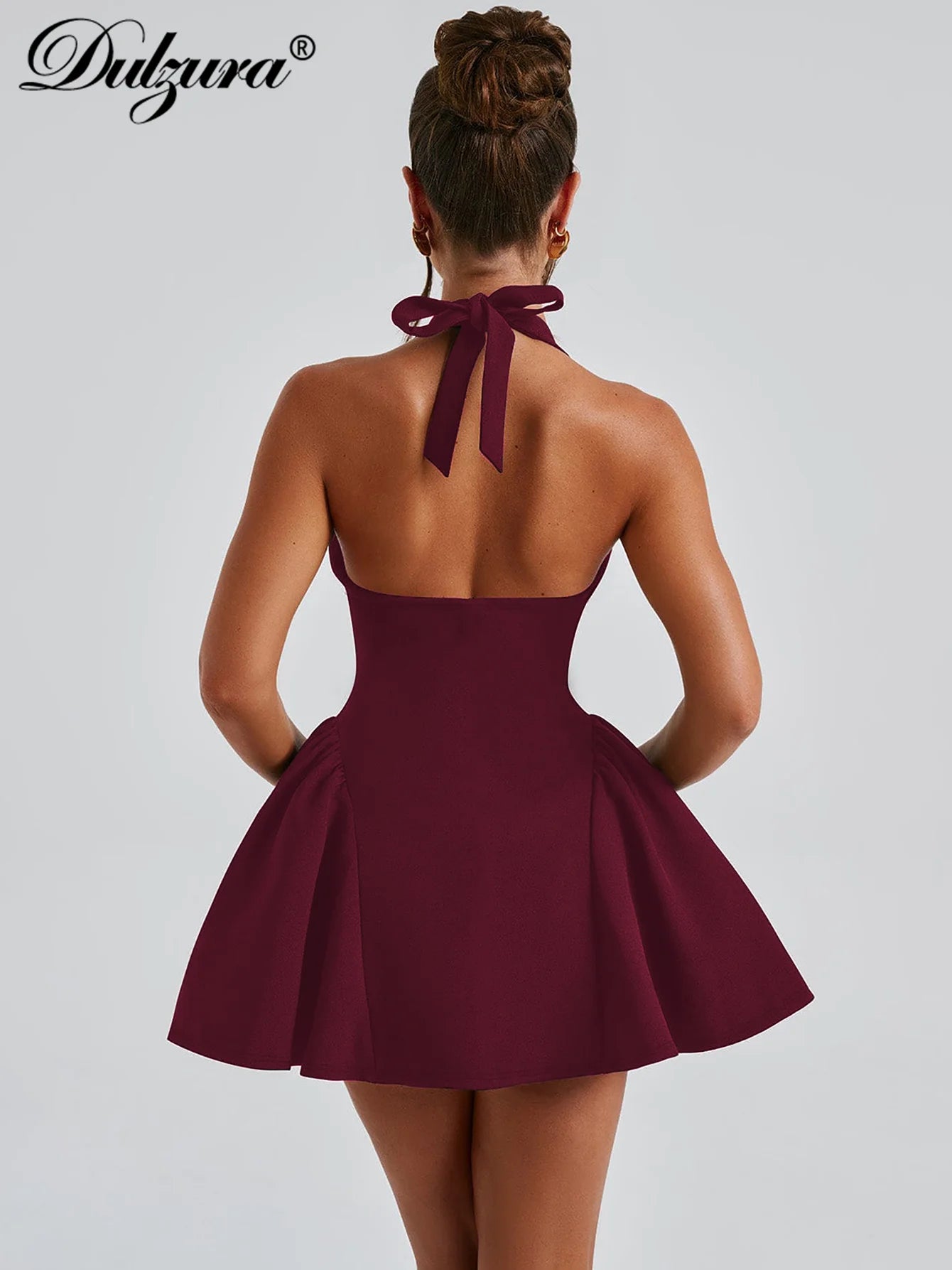 Dulzura Sleeveless Halter Lace Up Mini Dress Women'S Solid Sexy Elegant Prom Dress Evening Party Clubwear Autun Winter Outfit