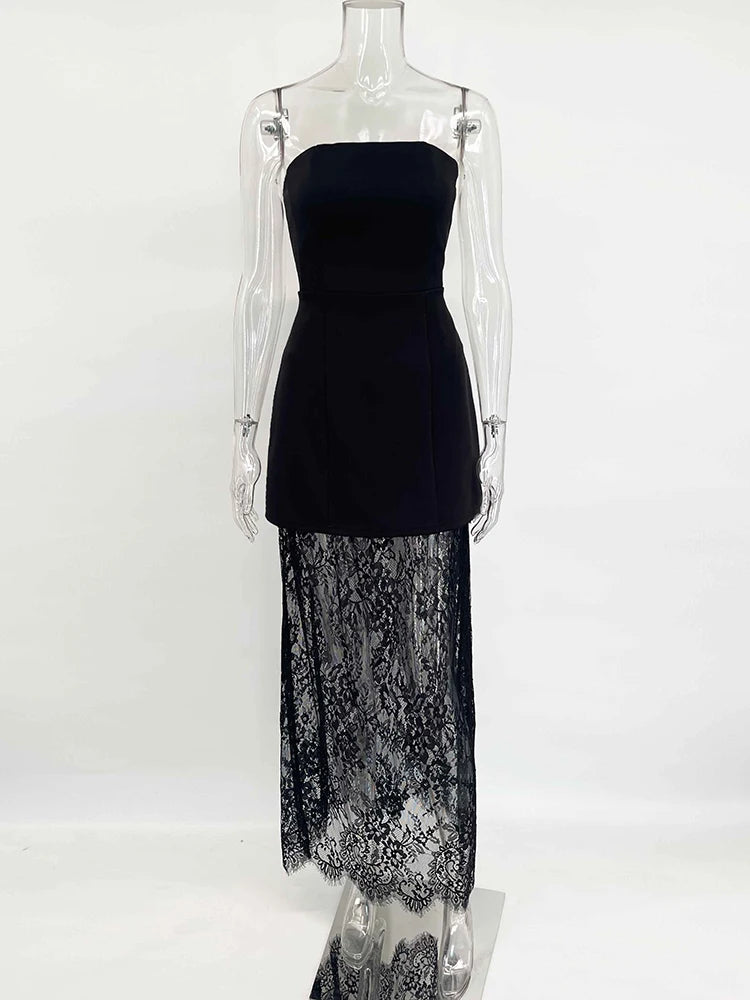 Tornova Strapless Lace Dress Sets Female Elegant Sexy Strap Vest High Waist Splice Long Skirt Ladies Slim Banquet 2 Pieces Set