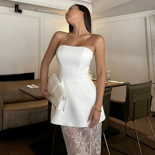 Tornova Strapless Lace Dress Sets Female Elegant Sexy Strap Vest High Waist Splice Long Skirt Ladies Slim Banquet 2 Pieces Set