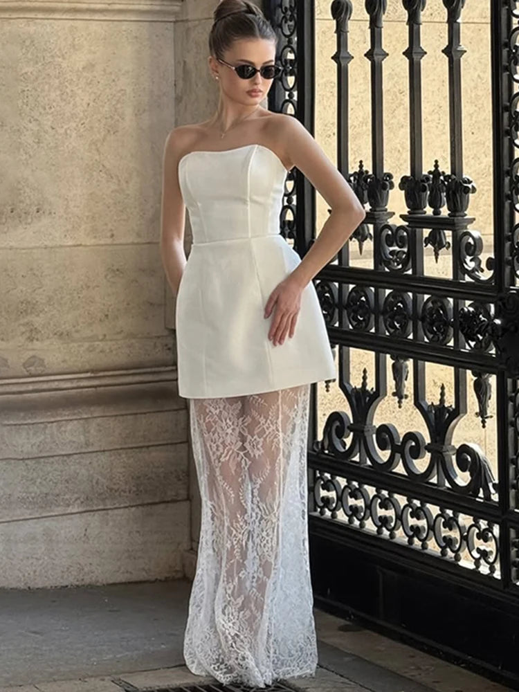 Tornova Strapless Lace Dress Sets Female Elegant Sexy Strap Vest High Waist Splice Long Skirt Ladies Slim Banquet 2 Pieces Set