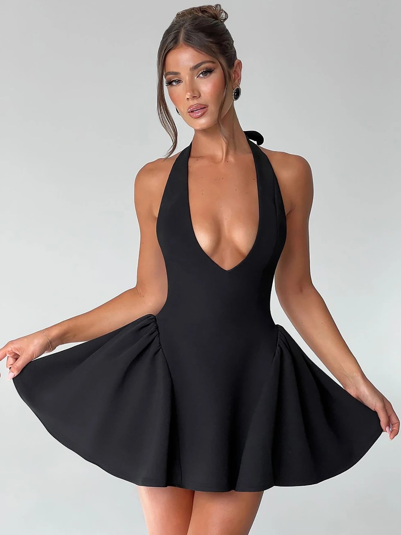 Dulzura Sleeveless Halter Lace Up Mini Dress Women'S Solid Sexy Elegant Prom Dress Evening Party Clubwear Autun Winter Outfit