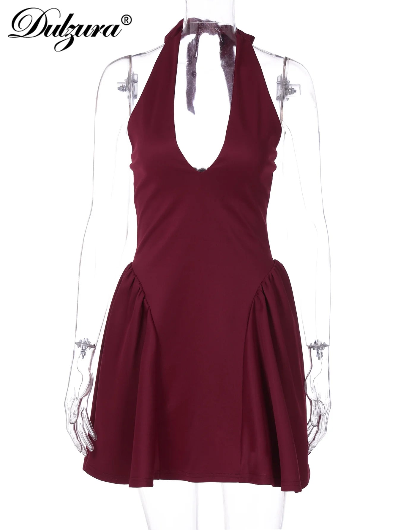 Dulzura Sleeveless Halter Lace Up Mini Dress Women'S Solid Sexy Elegant Prom Dress Evening Party Clubwear Autun Winter Outfit