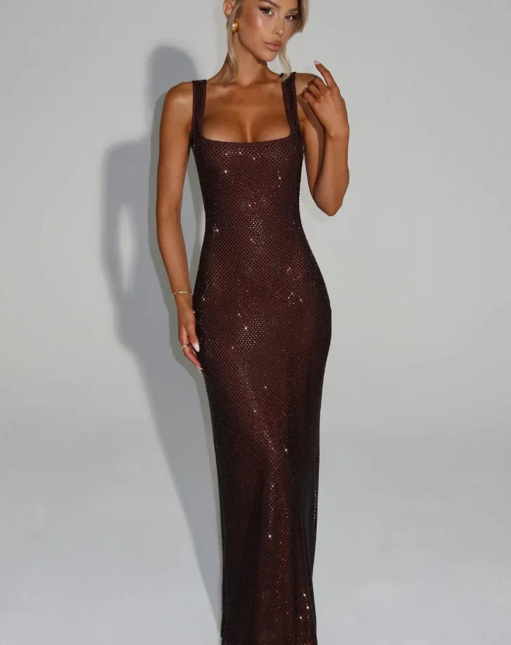 Sexy Sequined Sling Long Party Dress Women Slim Square Collar Sleeveless Backless Female Dresses 2025 Summer Lady Beach Robes