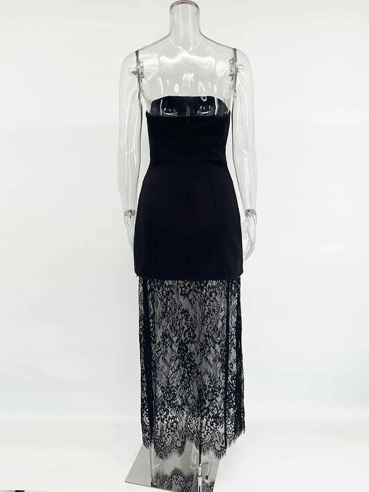 Tornova Strapless Lace Dress Sets Female Elegant Sexy Strap Vest High Waist Splice Long Skirt Ladies Slim Banquet 2 Pieces Set