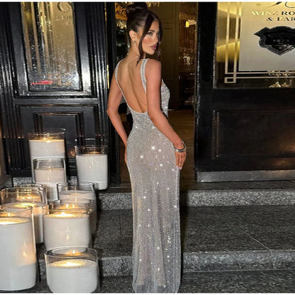 Sexy Sequined Sling Long Party Dress Women Slim Square Collar Sleeveless Backless Female Dresses 2025 Summer Lady Beach Robes