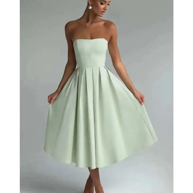 Strapless Lining Pleated Evening Party Dress Women Robes Backless Elegant Sexy Dress Bodycon Long Summer Dress Vestidos