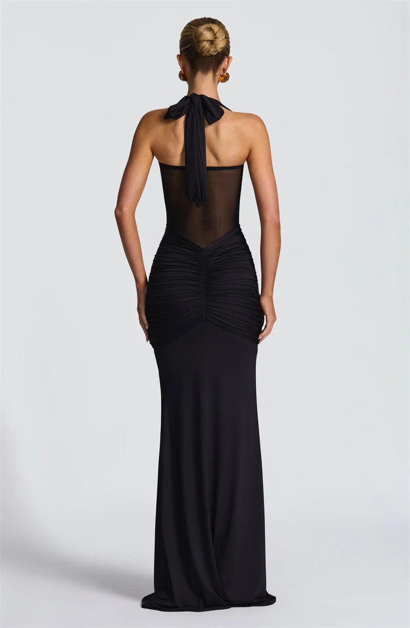 Mozision Halter Backless Sexy Maxi Dress Women Fashion Patchwork Off-shoulder Sleeveless Ruched Draped Bodycon Club Party Dress