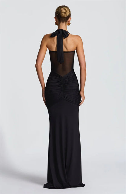 Mozision Halter Backless Sexy Maxi Dress Women Fashion Patchwork Off-shoulder Sleeveless Ruched Draped Bodycon Club Party Dress