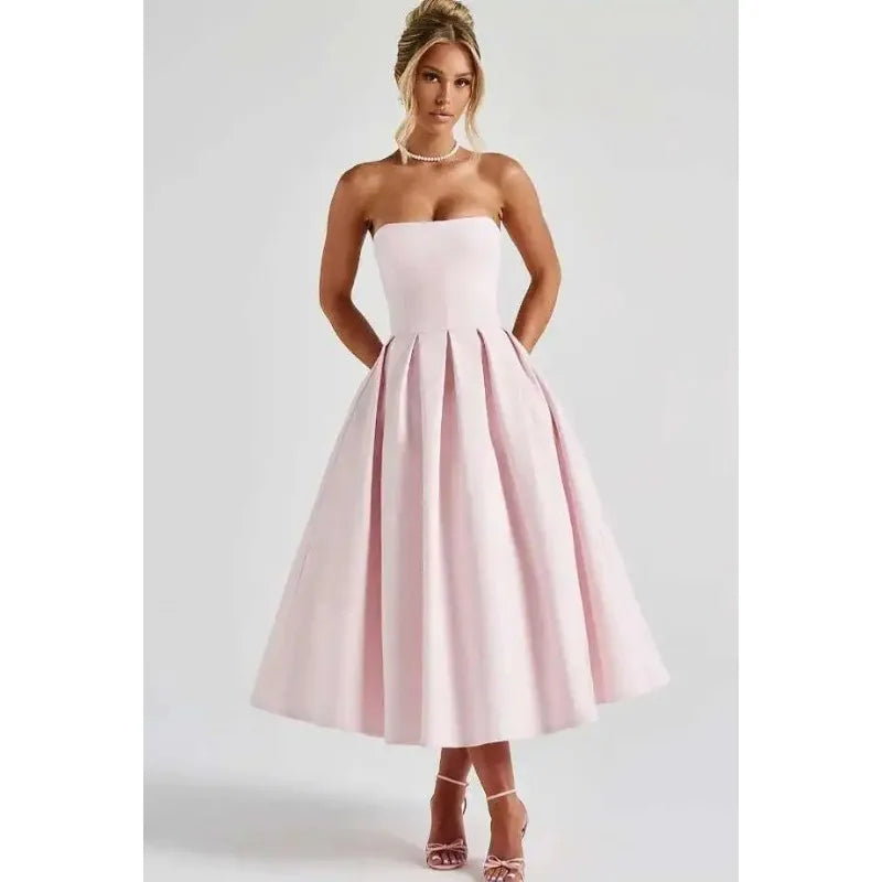 Strapless Lining Pleated Evening Party Dress Women Robes Backless Elegant Sexy Dress Bodycon Long Summer Dress Vestidos