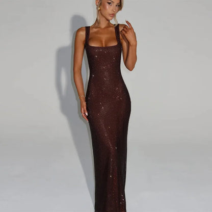Sexy Sequined Sling Long Party Dress Women Slim Square Collar Sleeveless Backless Female Dresses 2025 Summer Lady Beach Robes