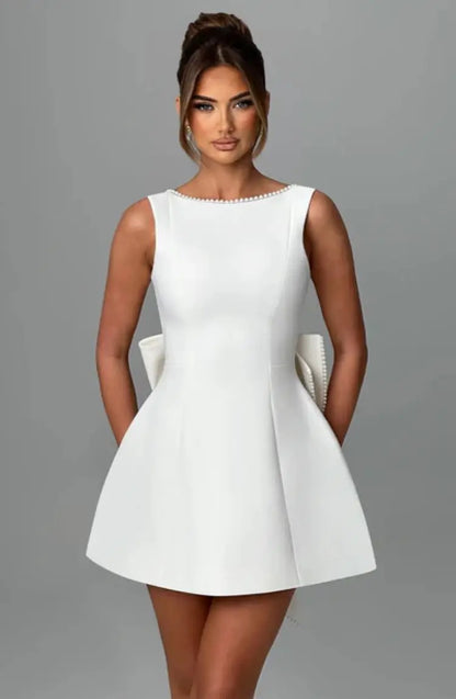 Elegant Pearl Bow Backless Sexy Mini Dress Women's Luxury Party Short Dresses White Black Pink Birthday Evening Wedding Summer