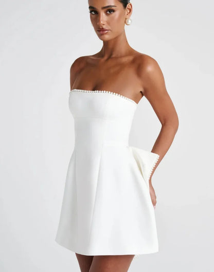 Elegant Pearl Bow Backless Sexy Mini Dress Women's Luxury Party Short Dresses White Black Pink Birthday Evening Wedding Summer