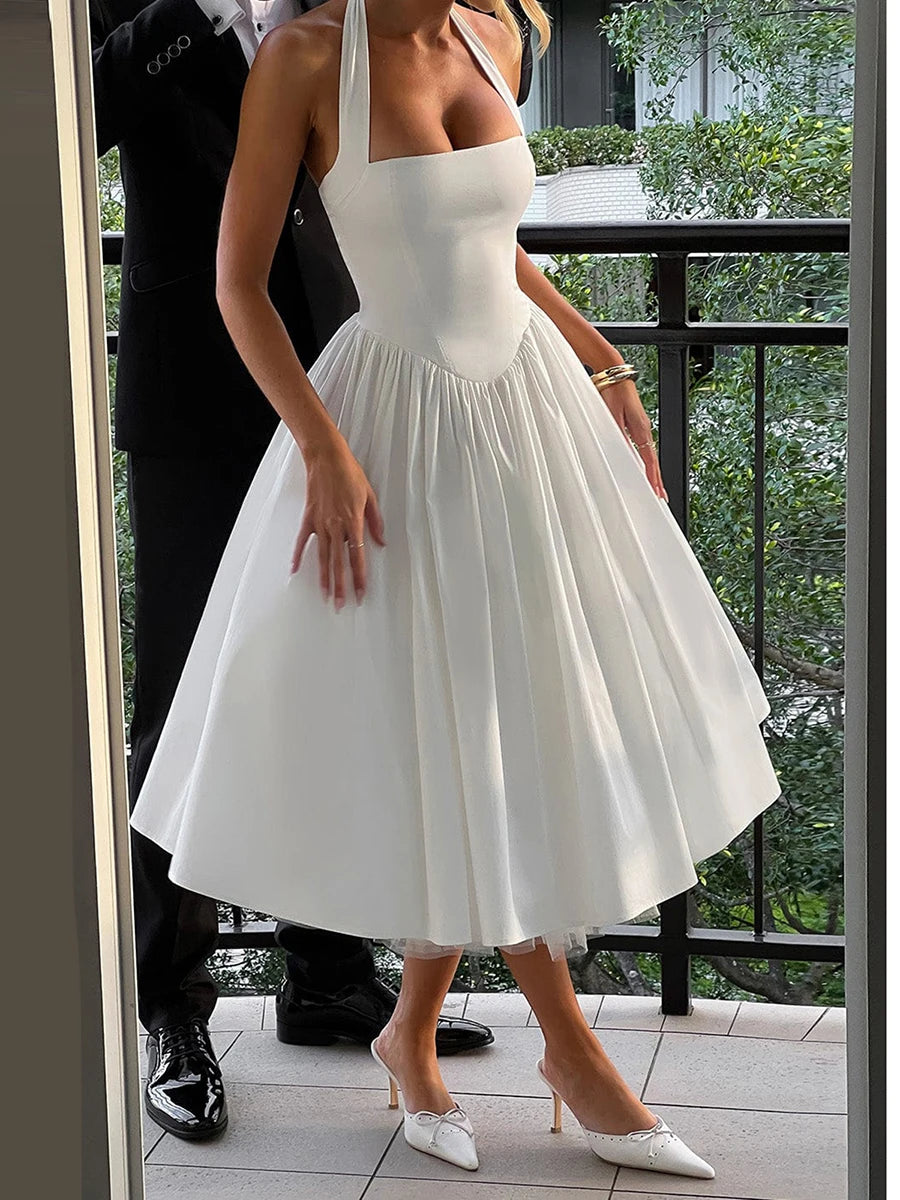 Combhasaki Women Solid Color Elegant Tie-up Halter Neck Sleeveless Bandage Open Back Cross Corset A-line Midi Tank Tutu Dress