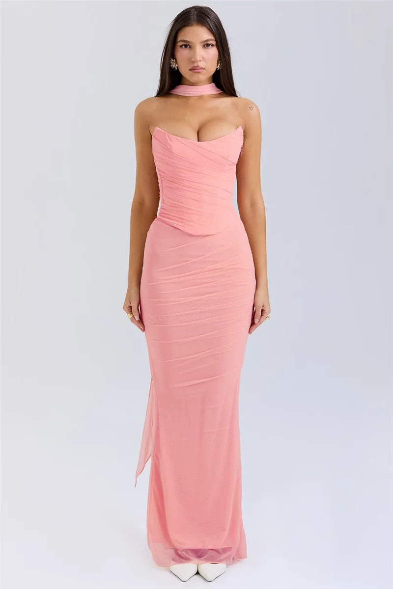 Mozision Sexy Two Piece Sets Women Neckerchief Strapless Crop Tops And Maxi Skirt Sets Sexy Club Party Skirt Two Piece Sets