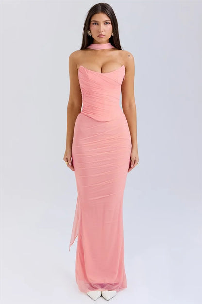 Mozision Sexy Two Piece Sets Women Neckerchief Strapless Crop Tops And Maxi Skirt Sets Sexy Club Party Skirt Two Piece Sets
