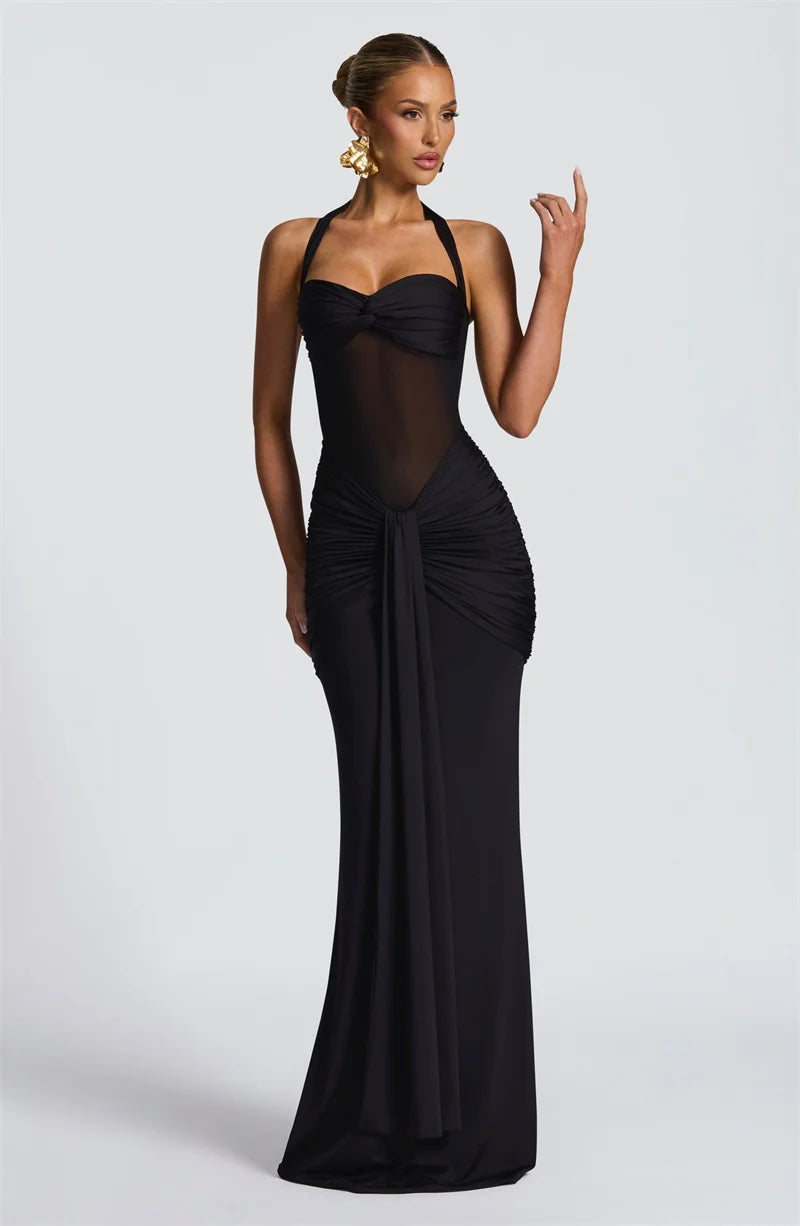 Mozision Halter Backless Sexy Maxi Dress Women Fashion Patchwork Off-shoulder Sleeveless Ruched Draped Bodycon Club Party Dress