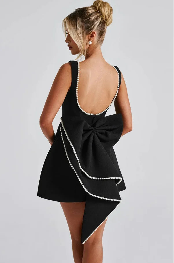 Elegant Pearl Bow Backless Sexy Mini Dress Women's Luxury Party Short Dresses White Black Pink Birthday Evening Wedding Summer