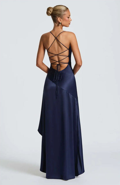 Sexy Satin Club Evening Party Dresses 2025 Summer Women Clothing Elegant Ruffle Irregular Backless Bandage Long Maxi Dress