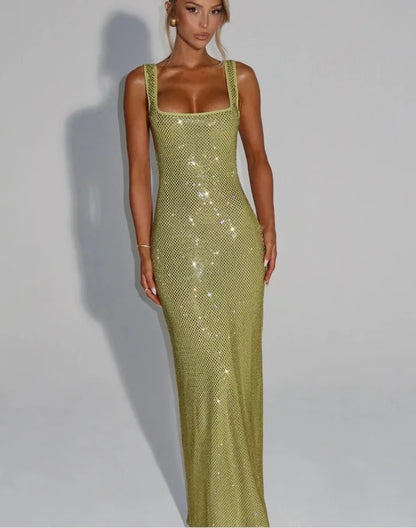 Sexy Sequined Sling Long Party Dress Women Slim Square Collar Sleeveless Backless Female Dresses 2025 Summer Lady Beach Robes
