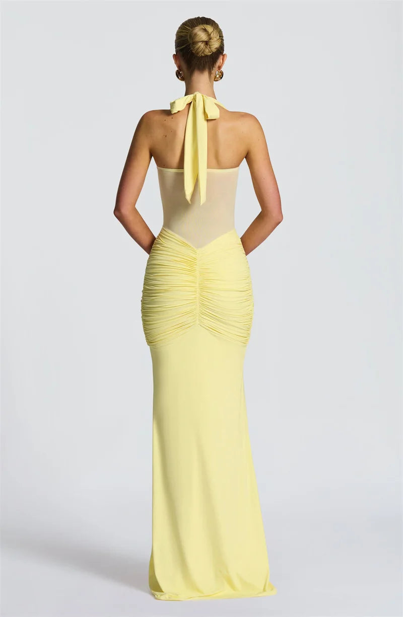 Mozision Halter Backless Sexy Maxi Dress Women Fashion Patchwork Off-shoulder Sleeveless Ruched Draped Bodycon Club Party Dress