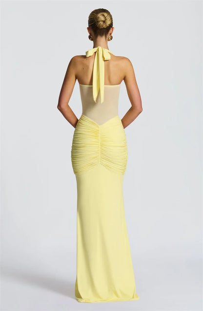 Mozision Halter Backless Sexy Maxi Dress Women Fashion Patchwork Off-shoulder Sleeveless Ruched Draped Bodycon Club Party Dress