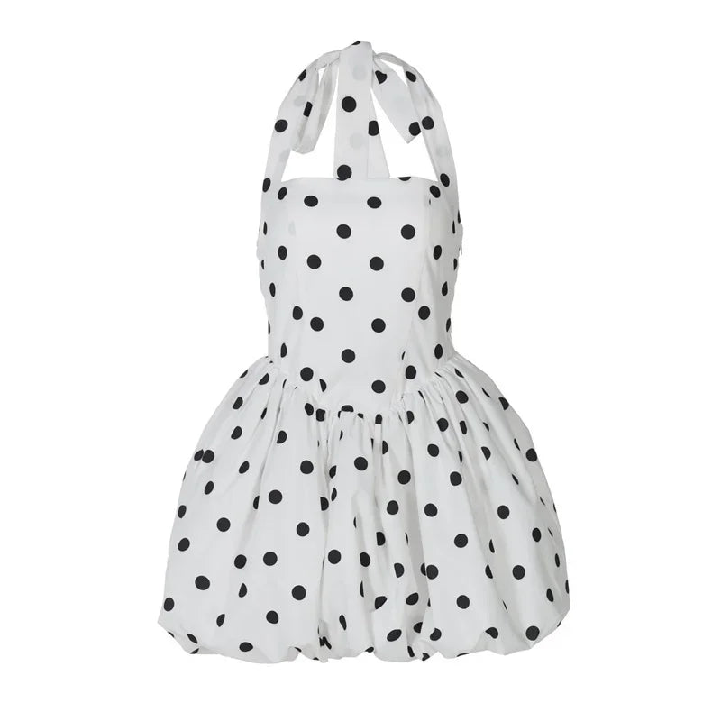 Halter Print Polka Dot Mini Dress Women Fashion Off-shoulder Sleeveless Backless High Waist A-line Club Party Dress
