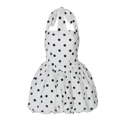 Halter Print Polka Dot Mini Dress Women Fashion Off-shoulder Sleeveless Backless High Waist A-line Club Party Dress