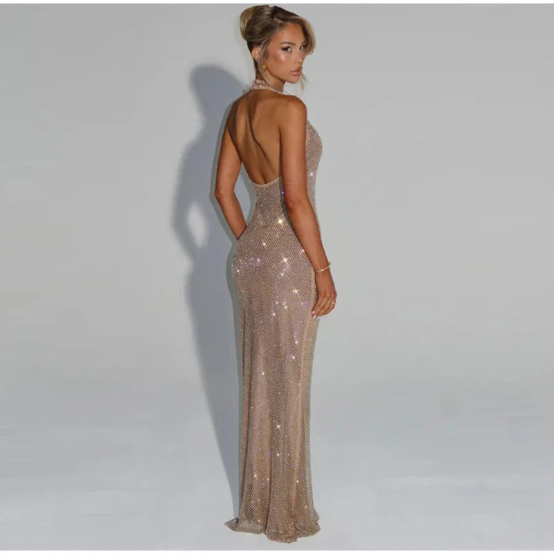 Women Glitter Halter Long Dress Sleeveless Backless Evening Party Solid Dresses Female Summer Chic Hollow Out Lady Vestidos
