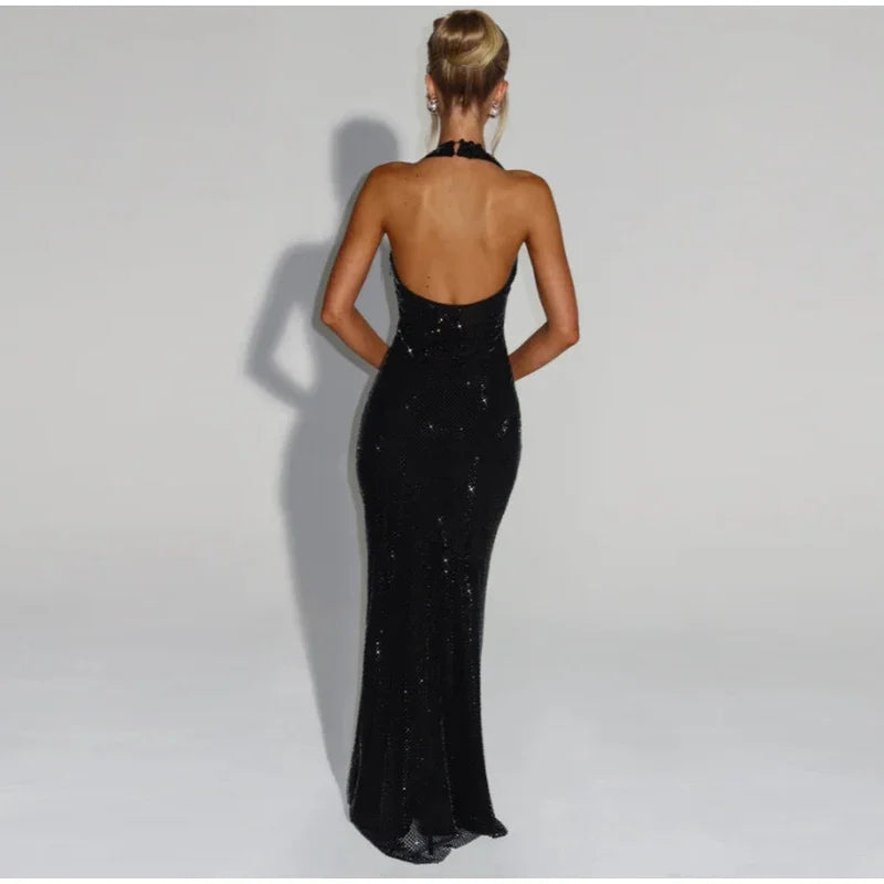 Women Glitter Halter Long Dress Sleeveless Backless Evening Party Solid Dresses Female Summer Chic Hollow Out Lady Vestidos