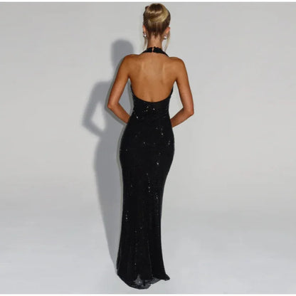 Women Glitter Halter Long Dress Sleeveless Backless Evening Party Solid Dresses Female Summer Chic Hollow Out Lady Vestidos