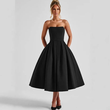 Strapless Lining Pleated Evening Party Dress Women Robes Backless Elegant Sexy Dress Bodycon Long Summer Dress Vestidos