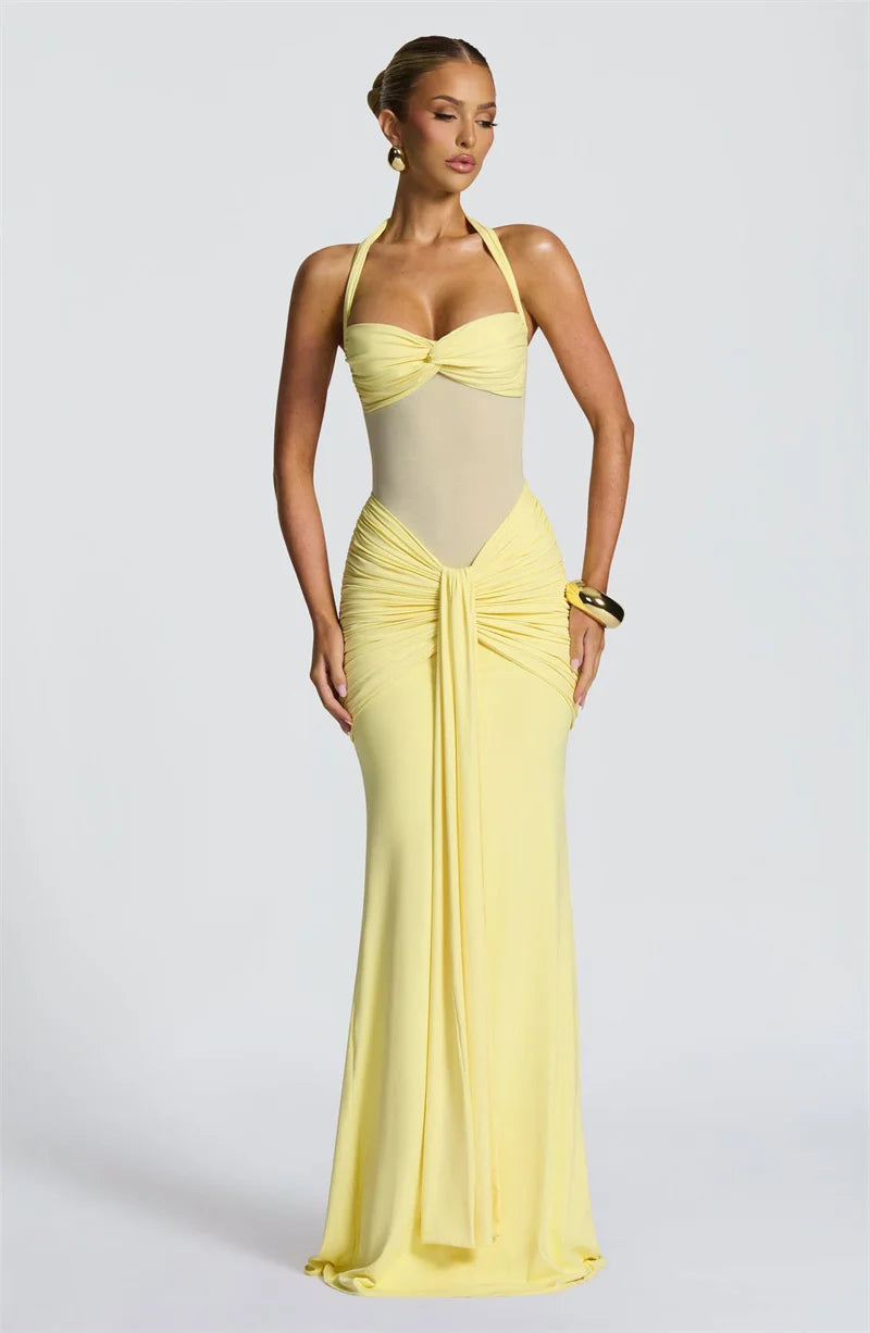 Mozision Halter Backless Sexy Maxi Dress Women Fashion Patchwork Off-shoulder Sleeveless Ruched Draped Bodycon Club Party Dress