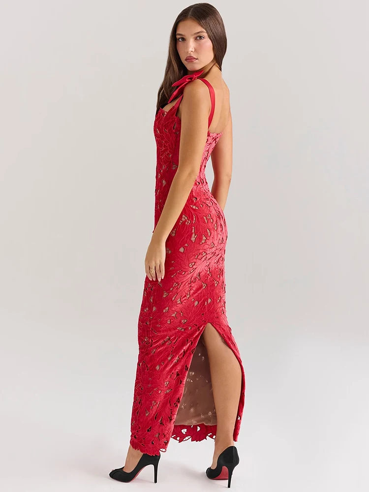 Mozision Bows Lace Sexy Maxi Dress For Women Fashion Sleeveless Backless Bodycon New Year's Birthday Club Party Long Dress