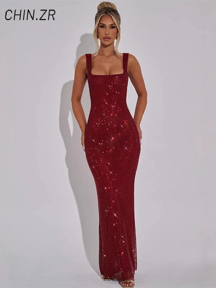 Sexy Sequined Sling Long Party Dress Women Slim Square Collar Sleeveless Backless Female Dresses 2025 Summer Lady Beach Robes