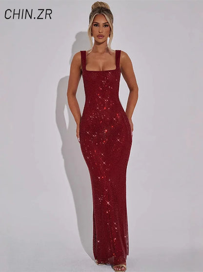 Sexy Sequined Sling Long Party Dress Women Slim Square Collar Sleeveless Backless Female Dresses 2025 Summer Lady Beach Robes