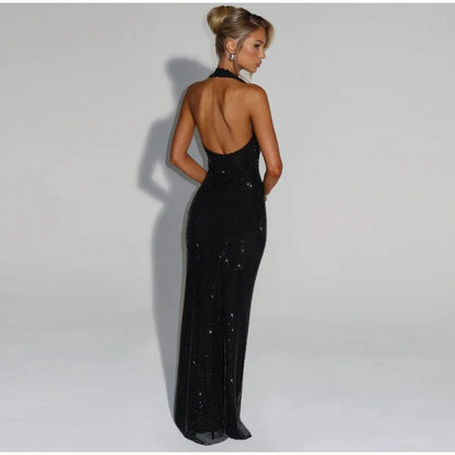 Women Glitter Halter Long Dress Sleeveless Backless Evening Party Solid Dresses Female Summer Chic Hollow Out Lady Vestidos