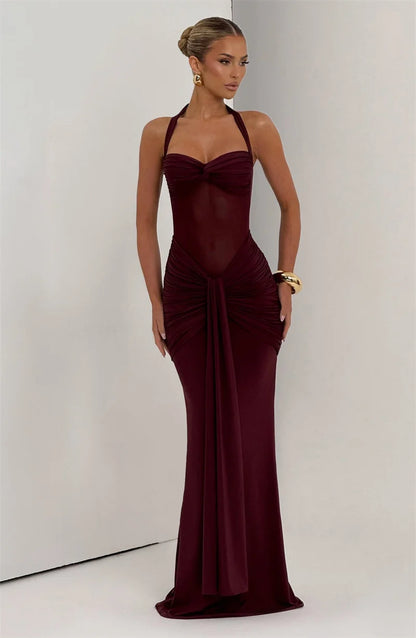 Mozision Halter Backless Sexy Maxi Dress Women Fashion Patchwork Off-shoulder Sleeveless Ruched Draped Bodycon Club Party Dress