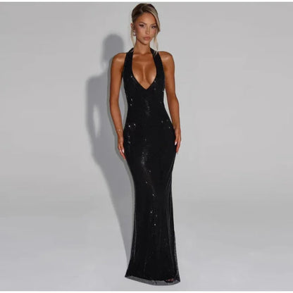 Women Glitter Halter Long Dress Sleeveless Backless Evening Party Solid Dresses Female Summer Chic Hollow Out Lady Vestidos