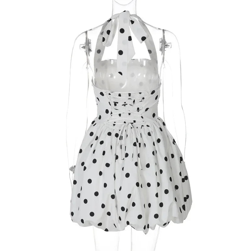 Halter Print Polka Dot Mini Dress Women Fashion Off-shoulder Sleeveless Backless High Waist A-line Club Party Dress