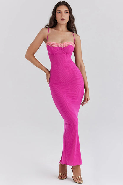 Articat Sexy Lace Patchwork Backless Slim Women Dress Spaghetti Srap Double Layer Bodycon Midi Female Elegant Party Clubwear