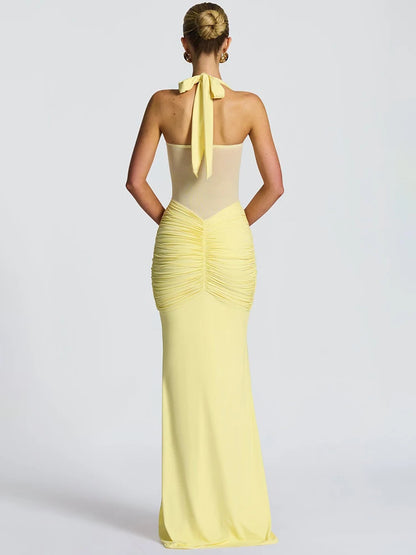 Mozision Halter Backless Sexy Maxi Dress Women Fashion Patchwork Off-shoulder Sleeveless Ruched Draped Bodycon Club Party Dress