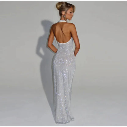 Women Glitter Halter Long Dress Sleeveless Backless Evening Party Solid Dresses Female Summer Chic Hollow Out Lady Vestidos