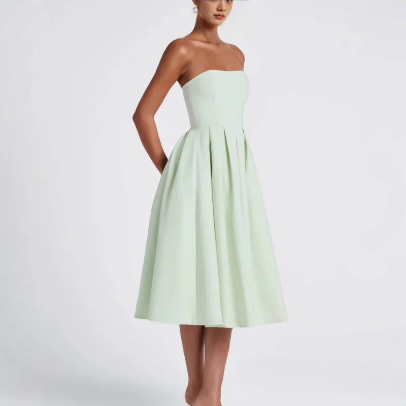 Strapless Lining Pleated Evening Party Dress Women Robes Backless Elegant Sexy Dress Bodycon Long Summer Dress Vestidos