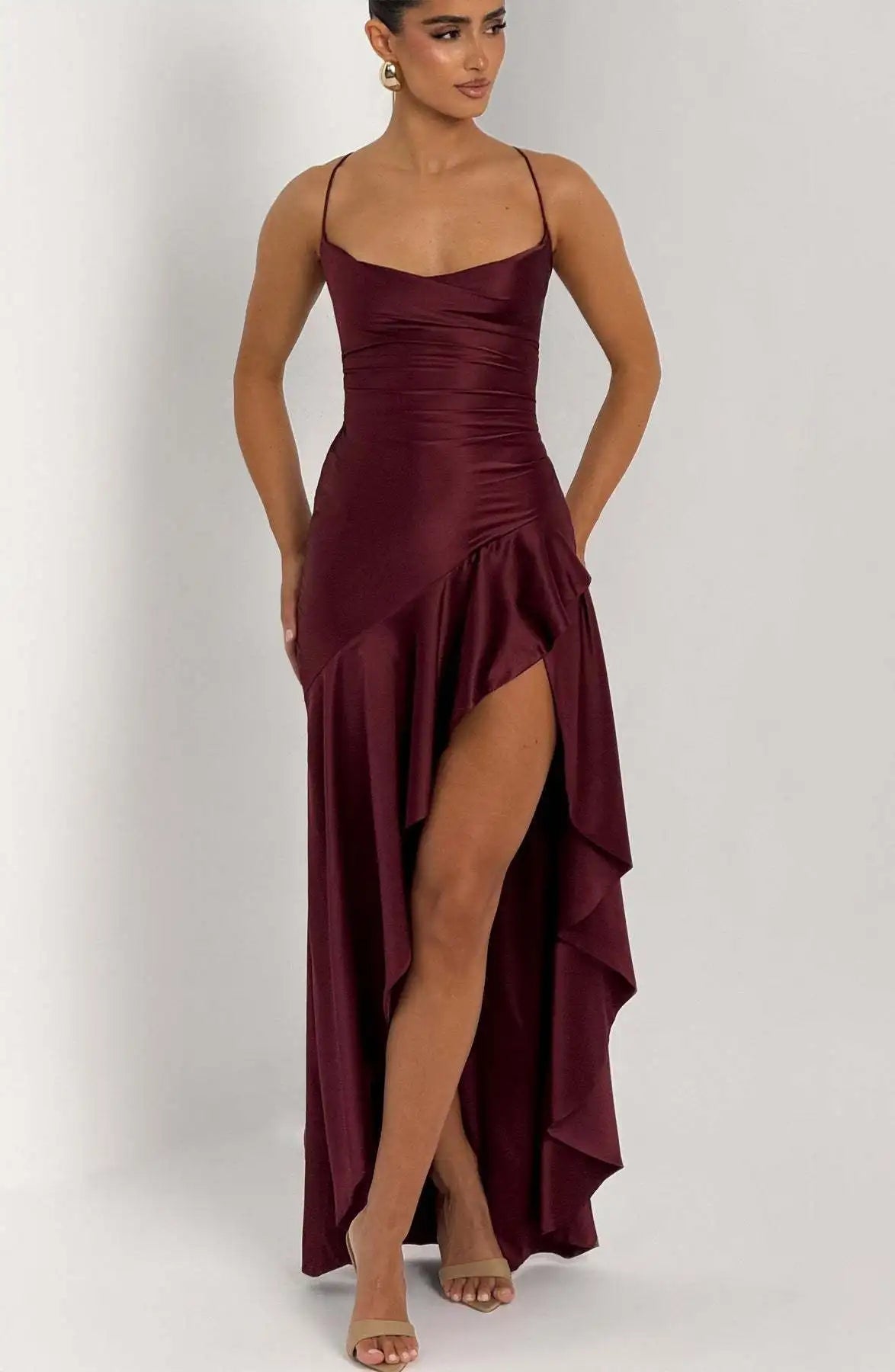 Sexy Satin Club Evening Party Dresses 2025 Summer Women Clothing Elegant Ruffle Irregular Backless Bandage Long Maxi Dress