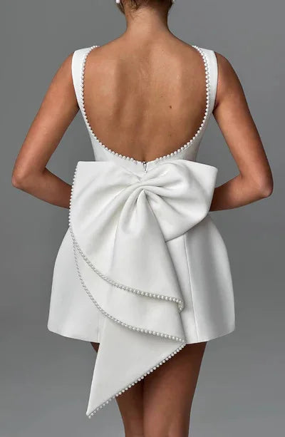 Elegant Pearl Bow Backless Sexy Mini Dress Women's Luxury Party Short Dresses White Black Pink Birthday Evening Wedding Summer
