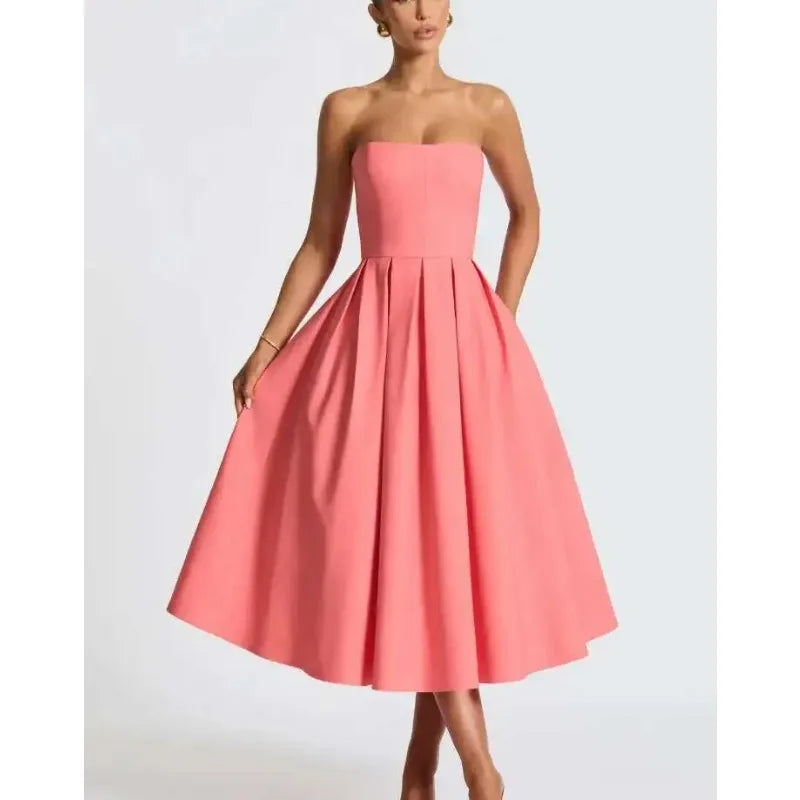 Strapless Lining Pleated Evening Party Dress Women Robes Backless Elegant Sexy Dress Bodycon Long Summer Dress Vestidos