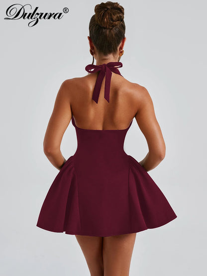 Dulzura Sleeveless Halter Lace Up Mini Dress Women'S Solid Sexy Elegant Prom Dress Evening Party Clubwear Autun Winter Outfit
